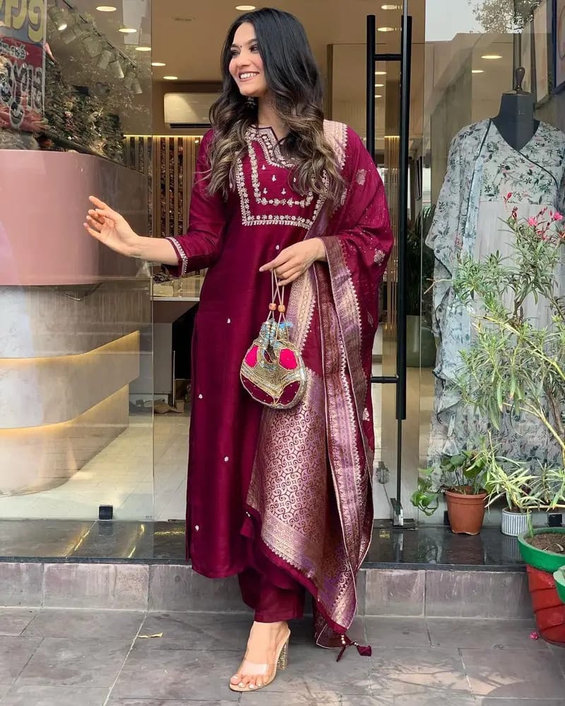 Our elegant designer printed kurta & plazzo with dupatta as gown set pure cotton. - Vastra Gehna