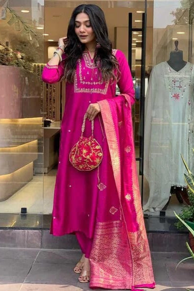 Our elegant designer printed kurta & plazzo with dupatta as gown set pure cotton. - Vastra Gehna