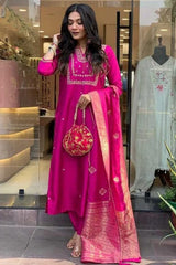 Our elegant designer printed kurta & plazzo with dupatta as gown set pure cotton. - Vastra Gehna