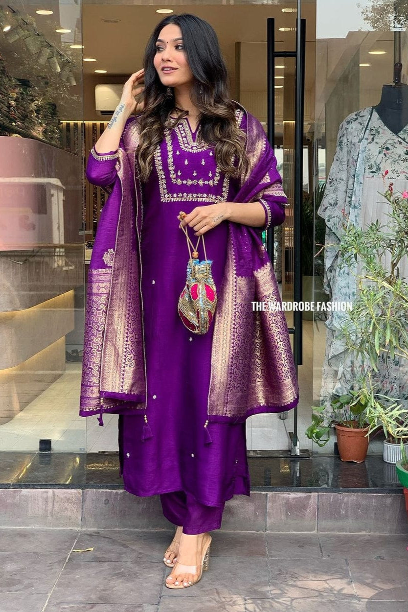 Our elegant designer printed kurta & plazzo with dupatta as gown set pure cotton. - Vastra Gehna