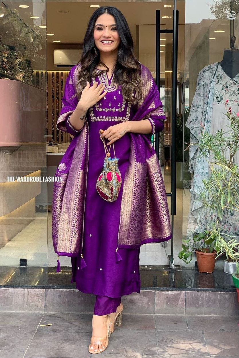 Our elegant designer printed kurta & plazzo with dupatta as gown set pure cotton. - Vastra Gehna