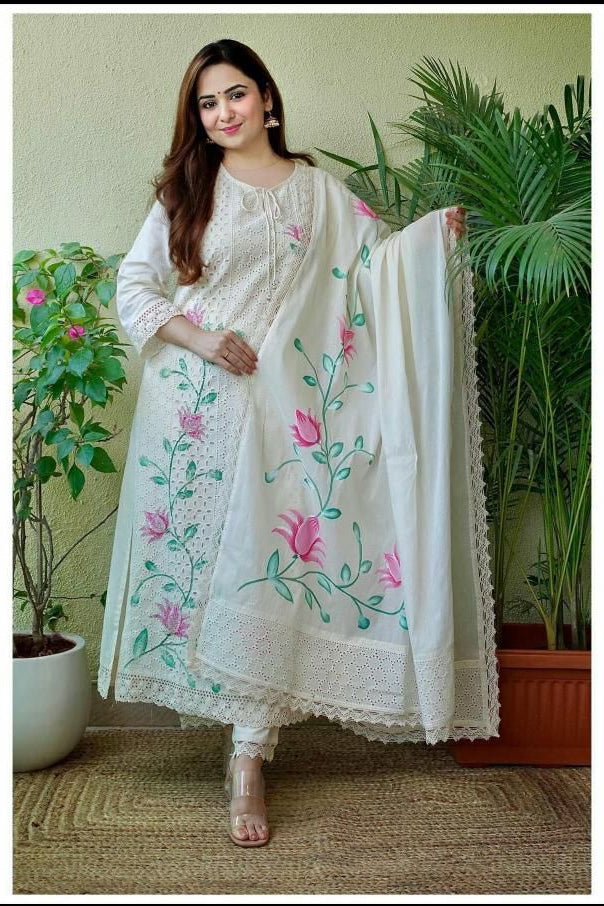 Our elegant designer printed kurta & plazzo with dupatta co-ord set set pure cotton. - Vastra Gehna
