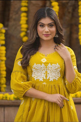 Our elegant yellow designer printed kurta & plazzo co-ord set set pure cotton. - Vastra Gehna