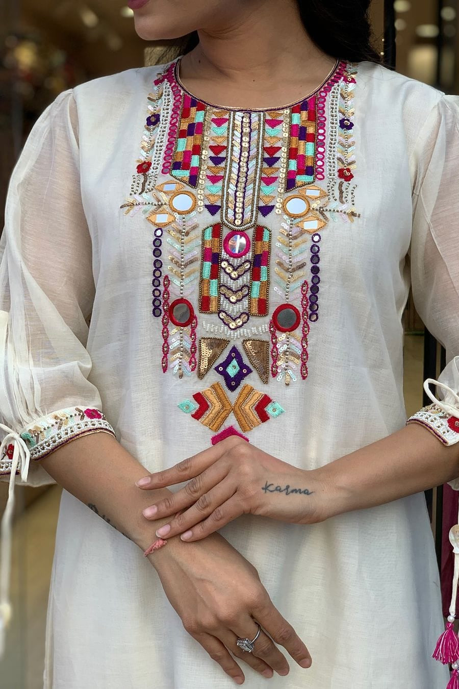 Our elegant designer thread mirror work kurta & plazzo with dupatta co-ord set pure cotton - Vastra Gehna