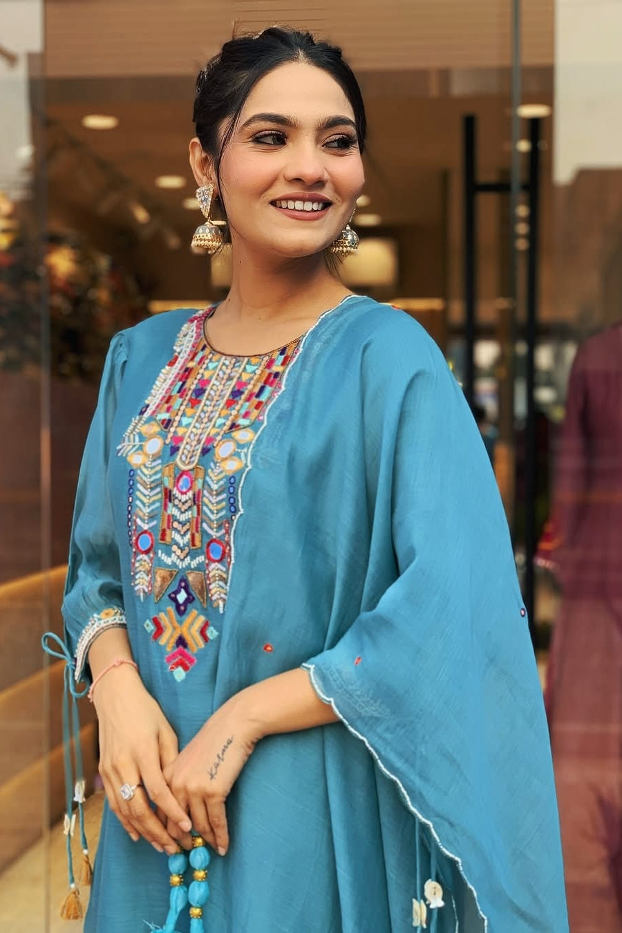 Our elegant designer thread mirror work kurta & plazzo with dupatta co-ord set pure cotton - Vastra Gehna