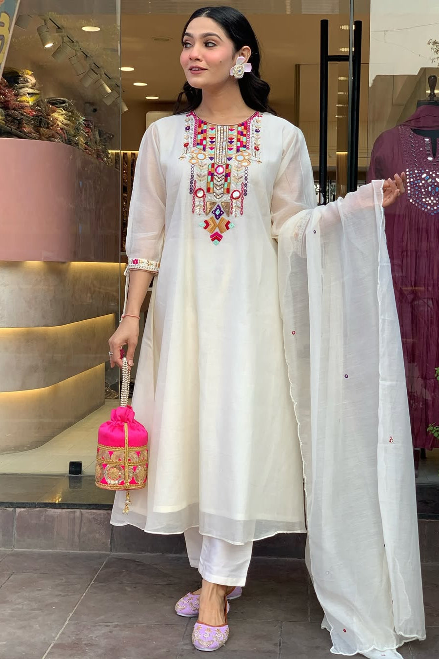 Our elegant designer thread mirror work kurta & plazzo with dupatta co-ord set pure cotton - Vastra Gehna