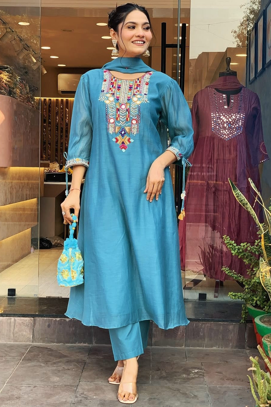 Our elegant designer thread mirror work kurta & plazzo with dupatta co-ord set pure cotton - Vastra Gehna