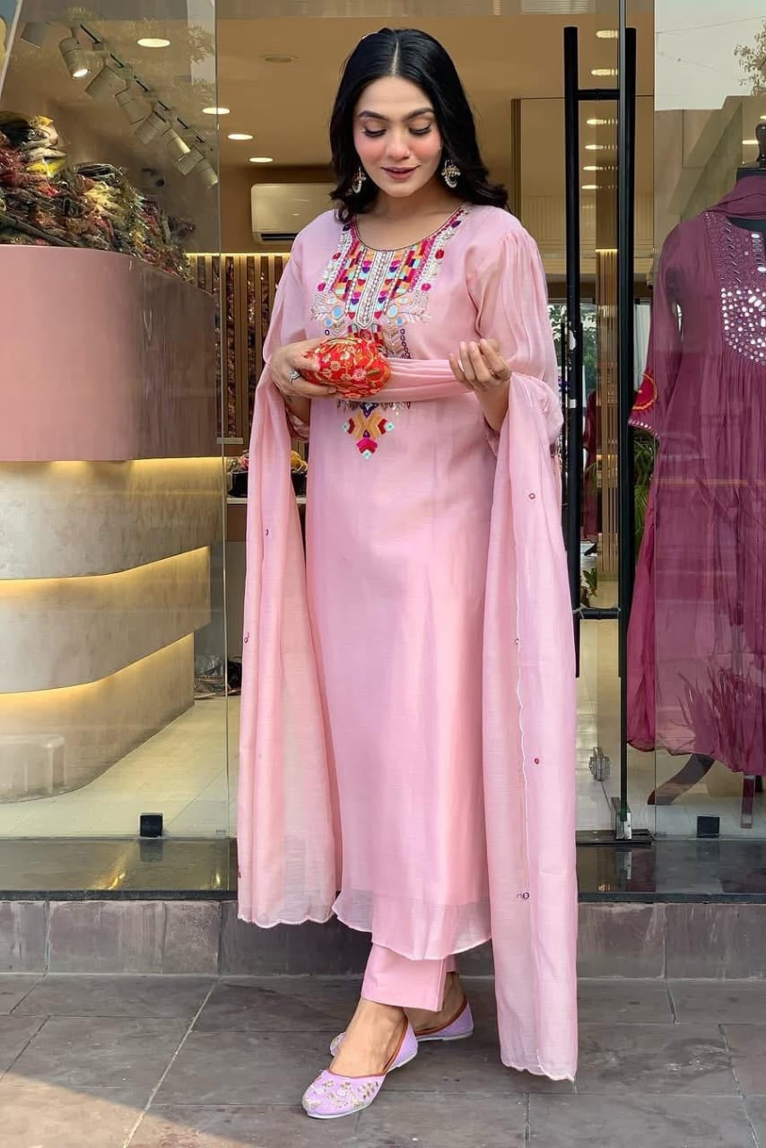 Our elegant designer thread mirror work kurta & plazzo with dupatta co-ord set pure cotton - Vastra Gehna