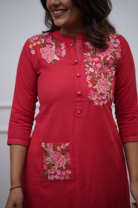 Our elegant designer Embroidary pocket style work kurta with plazzo co-ord set pure cotton - Vastra Gehna