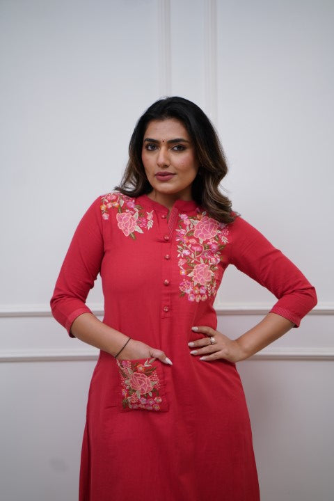 Our elegant designer Embroidary pocket style work kurta with plazzo co-ord set pure cotton - Vastra Gehna