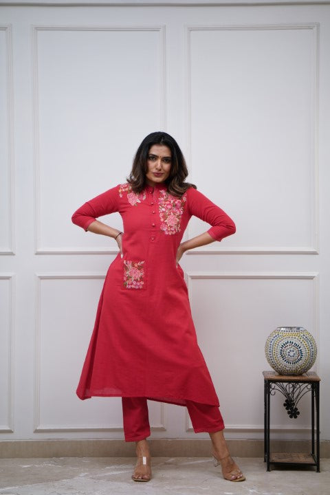 Our elegant designer Embroidary pocket style work kurta with plazzo co-ord set pure cotton - Vastra Gehna