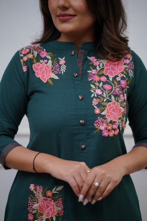 Our elegant designer Embroidary pocket style work kurta with plazzo co-ord set pure cotton - Vastra Gehna