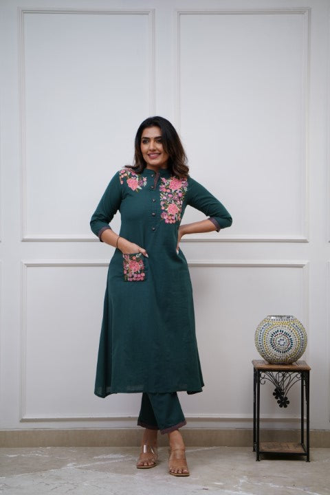 Our elegant designer Embroidary pocket style work kurta with plazzo co-ord set pure cotton - Vastra Gehna