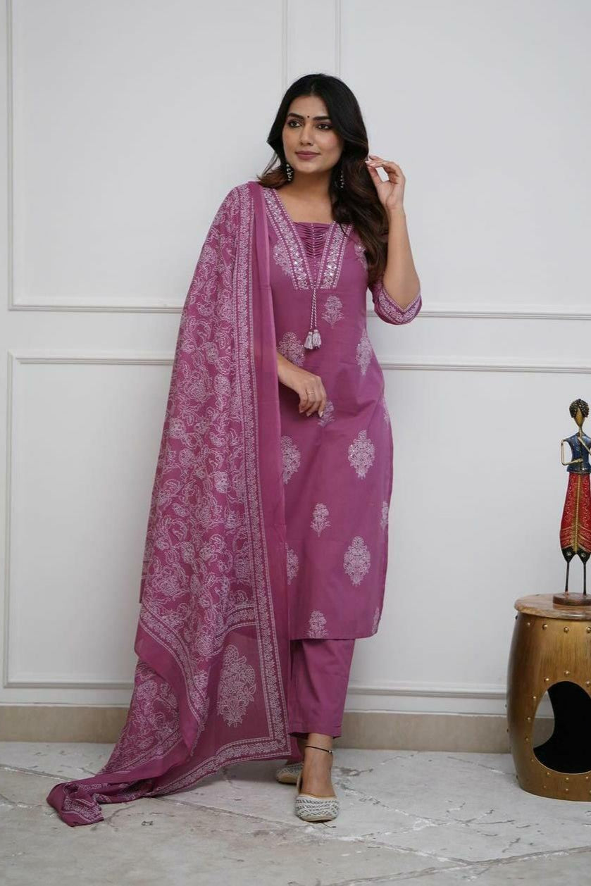 Our elegant designer printed kurta ; plazzo with dupatta co-ord set set pure cotton. - Vastra Gehna