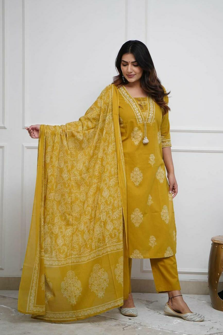Our elegant designer printed kurta ; plazzo with dupatta co-ord set set pure cotton. - Vastra Gehna