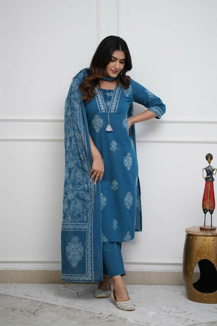 Our elegant designer printed kurta ; plazzo with dupatta co-ord set set pure cotton. - Vastra Gehna