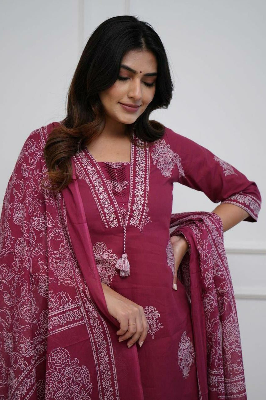 Our elegant designer printed kurta ; plazzo with dupatta co-ord set set pure cotton. - Vastra Gehna