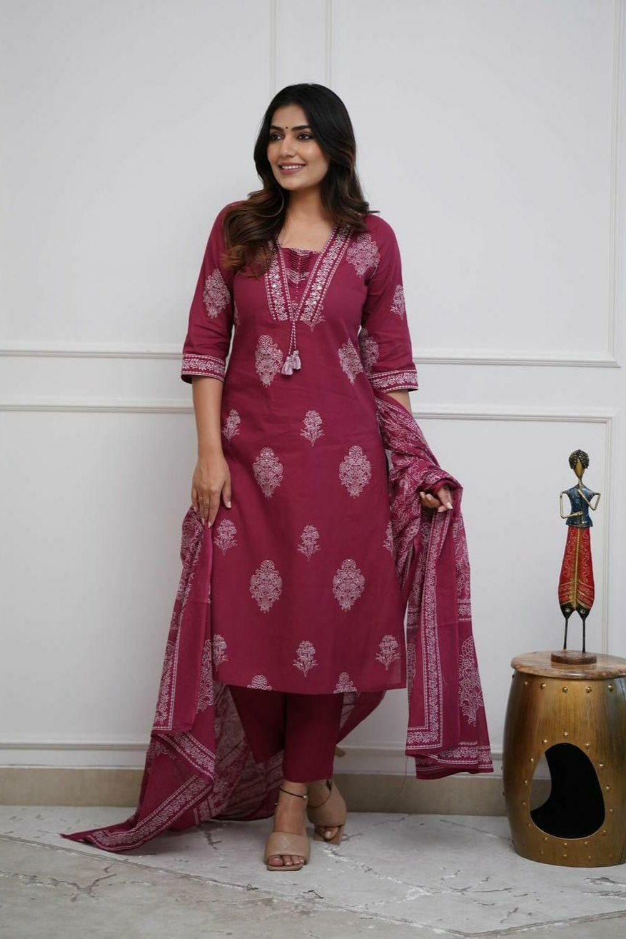 Our elegant designer printed kurta ; plazzo with dupatta co-ord set set pure cotton. - Vastra Gehna