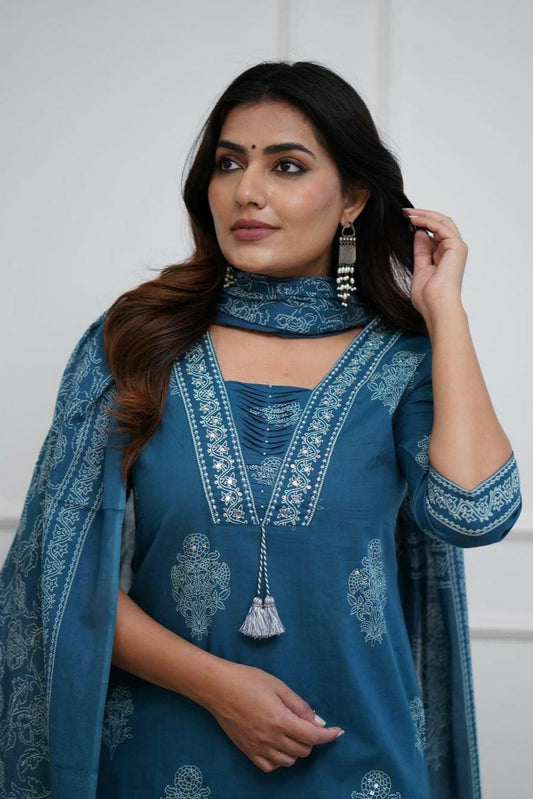 Our elegant designer printed kurta ; plazzo with dupatta co-ord set set pure cotton. - Vastra Gehna