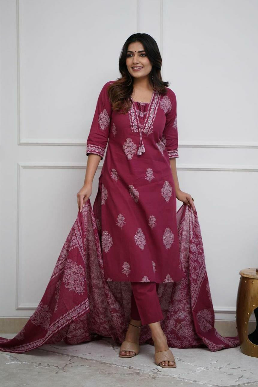 Our elegant designer printed kurta ; plazzo with dupatta co-ord set set pure cotton. - Vastra Gehna