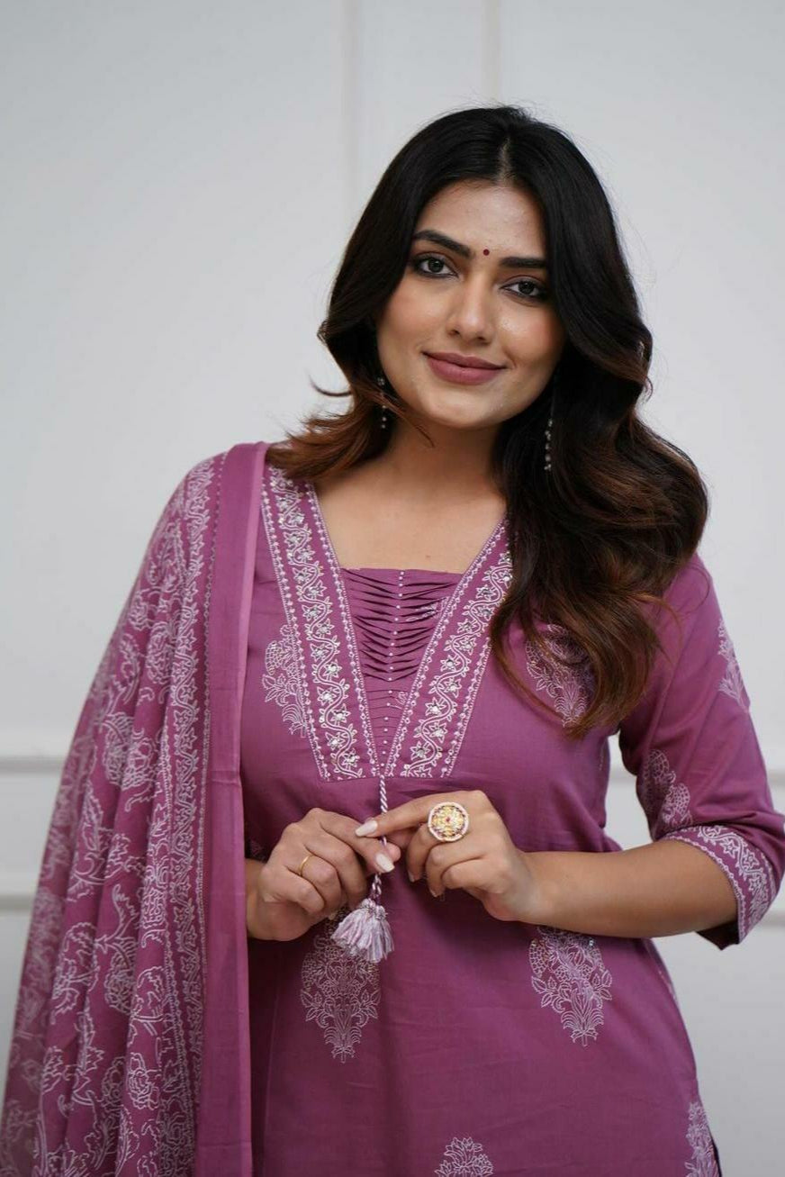 Our elegant designer printed kurta ; plazzo with dupatta co-ord set set pure cotton. - Vastra Gehna