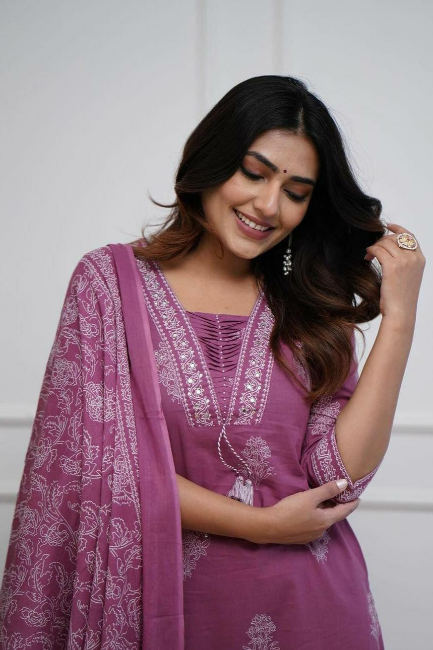 Our elegant designer printed kurta ; plazzo with dupatta co-ord set set pure cotton. - Vastra Gehna