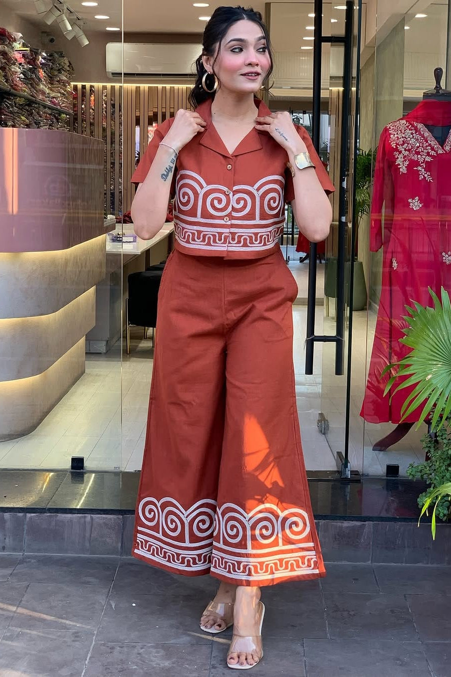 Pale Red Embroidered Cotton Co-Ord Set - Vastra Gehna