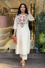 off white floral Embroidered Cotton Co-Ord Set - Vastra Gehna