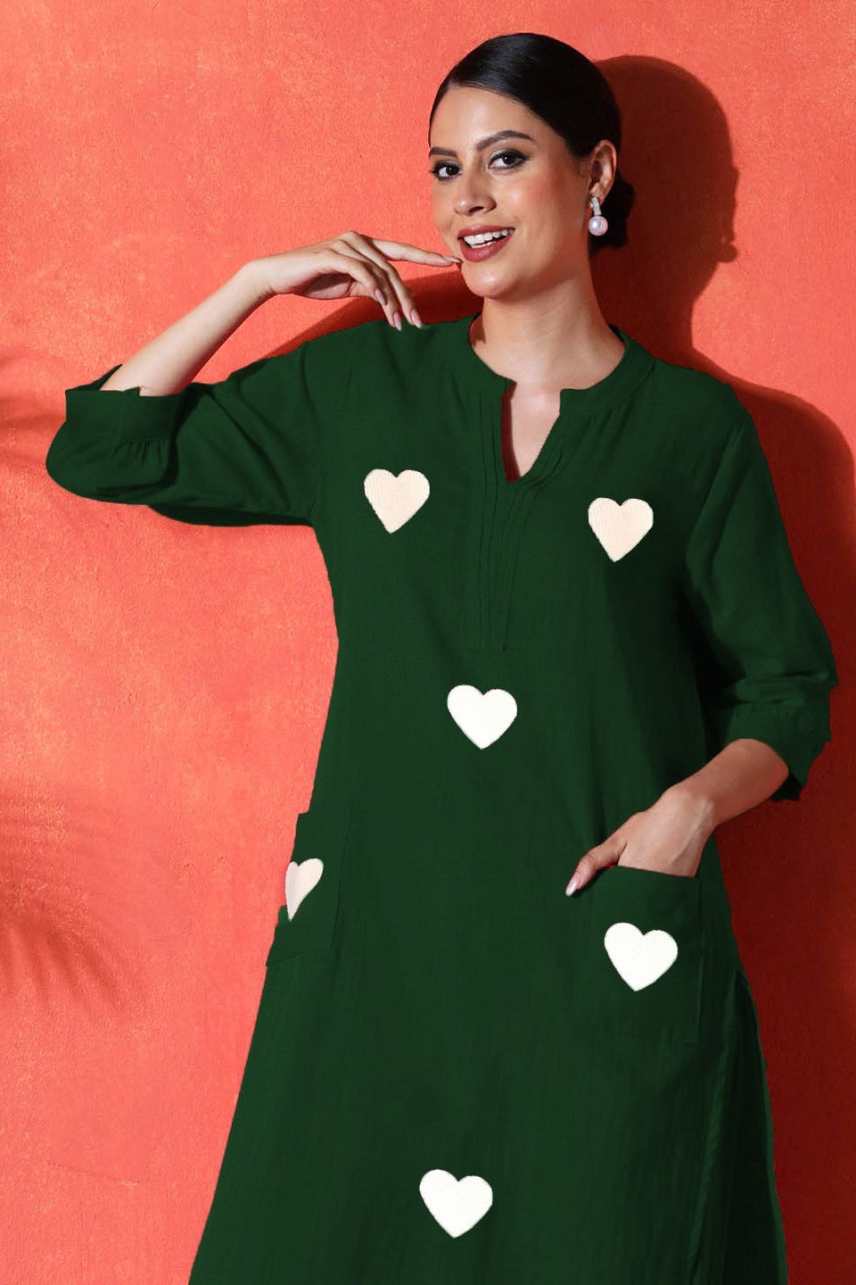 green suit with white heart print on cotton Co-Ord Set - Vastra Gehna