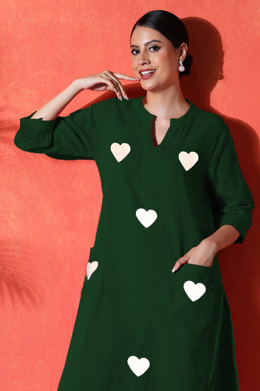green suit with white heart print on cotton Co-Ord Set - Vastra Gehna