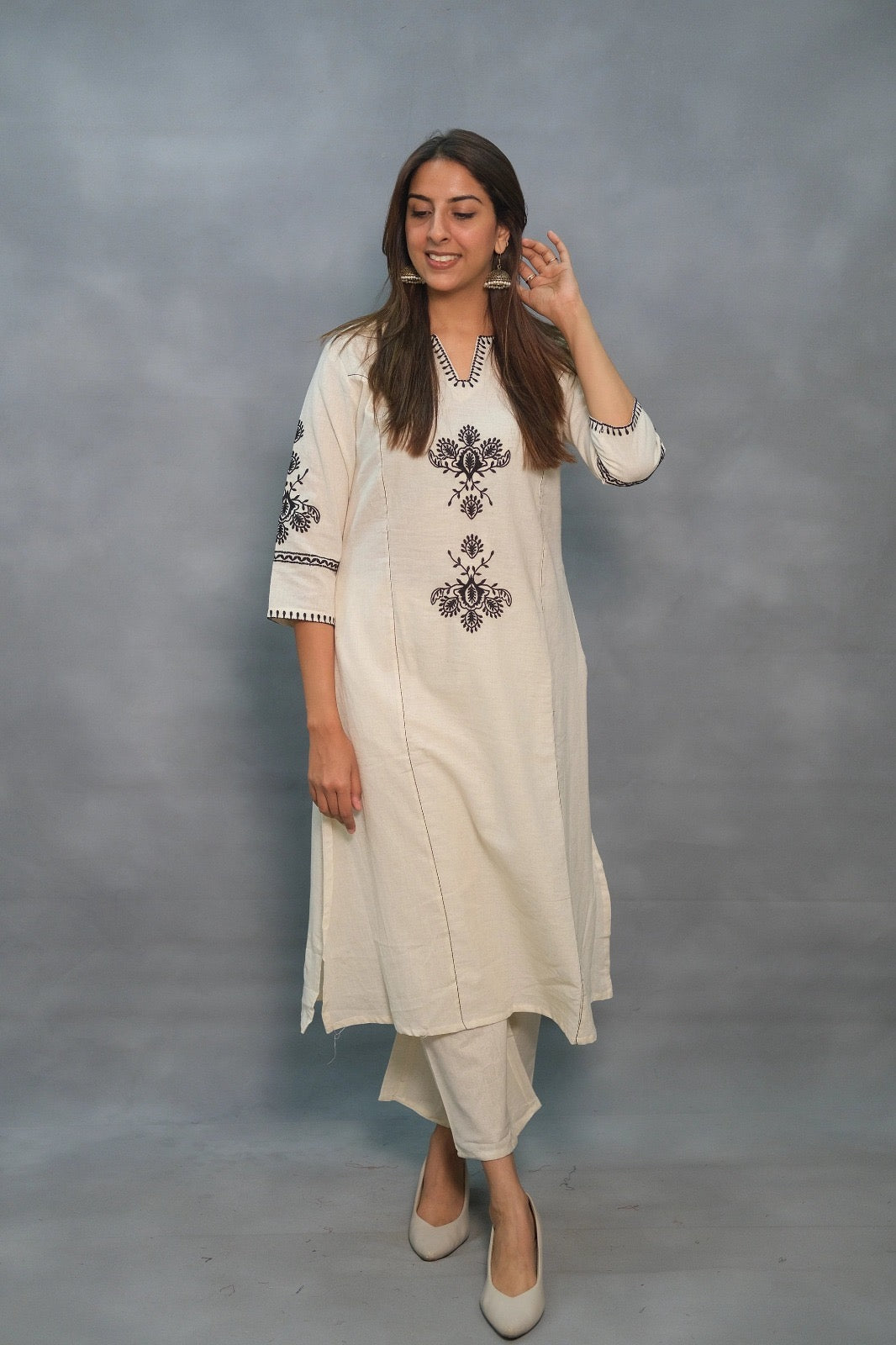 off white black floral Embroidered Cotton Co-Ord Set - Vastra Gehna