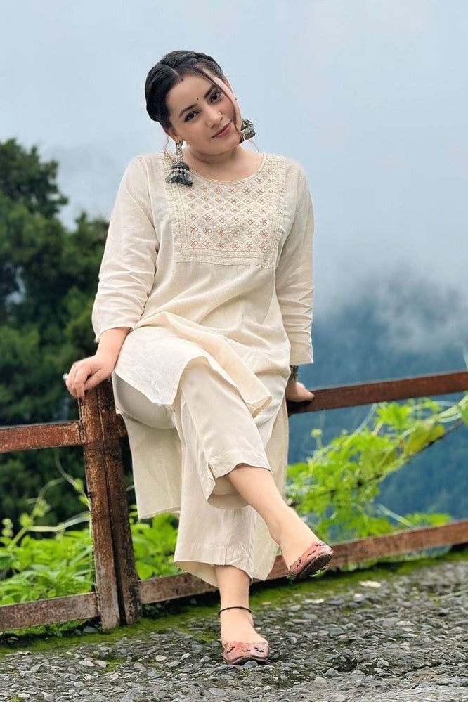 off white floral Embroidered Cotton Co-Ord Set - Vastra Gehna