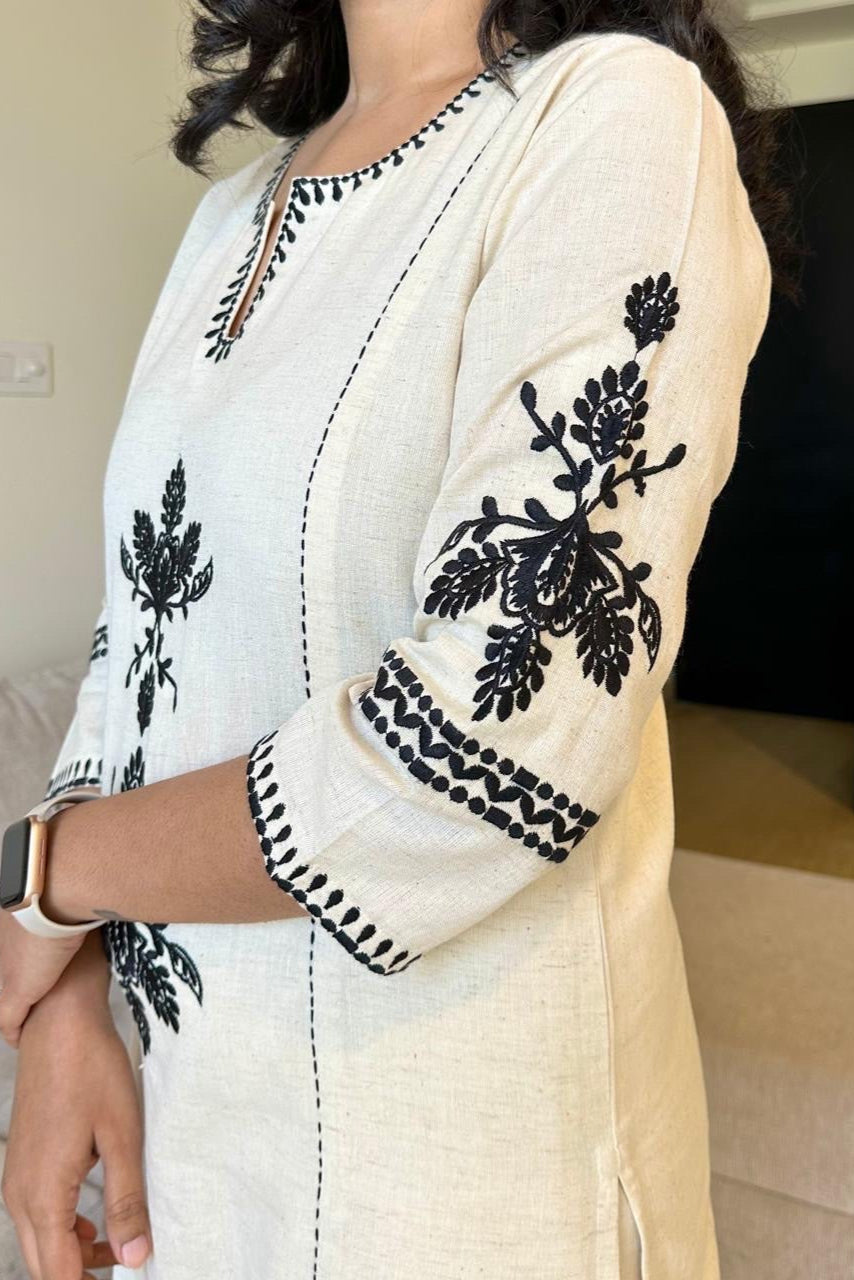 off white black floral Embroidered Cotton Co-Ord Set - Vastra Gehna