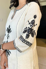 off white black floral Embroidered Cotton Co-Ord Set - Vastra Gehna