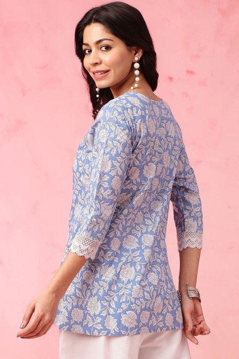 Our elegant blue printed kurta wih plazzo co-ord set. - Vastra Gehna