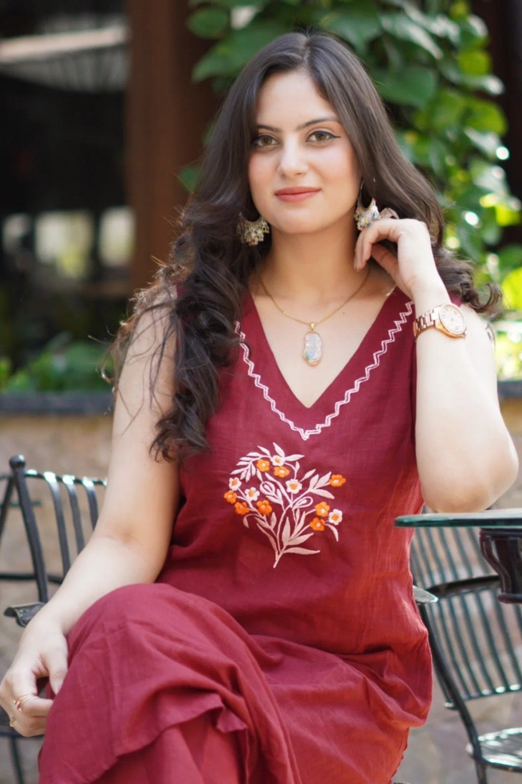 elegant mehroon suit with floral embroidary on cotton Co-Ord Set - Vastra Gehna