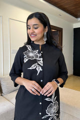 black suit with white embroidary Cotton Co-Ord Set - Vastra Gehna