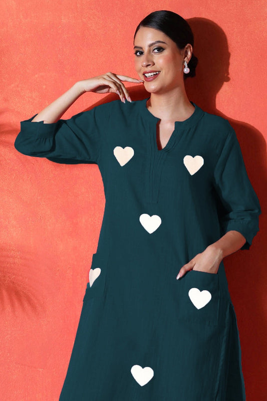 navy blue suit with white heart print on cotton Co-Ord Set - Vastra Gehna