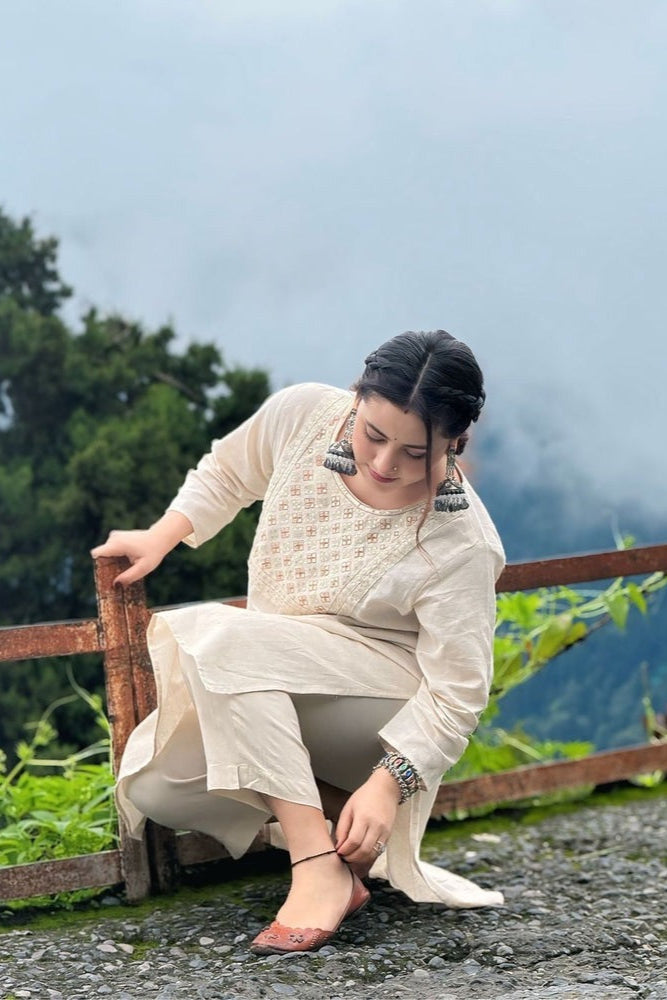 off white floral Embroidered Cotton Co-Ord Set - Vastra Gehna