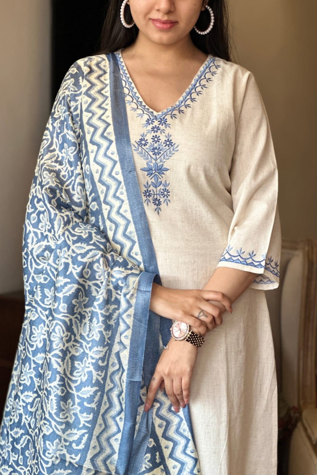 off white blue floral Embroidered Cotton Co-Ord Set - Vastra Gehna