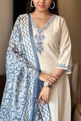 off white blue floral Embroidered Cotton Co-Ord Set - Vastra Gehna