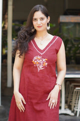 elegant mehroon suit with floral embroidary on cotton Co-Ord Set - Vastra Gehna