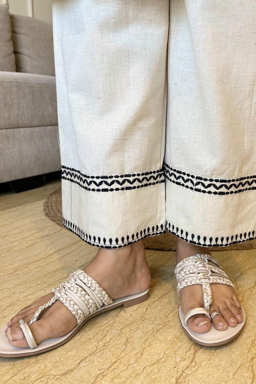 off white black floral Embroidered Cotton Co-Ord Set - Vastra Gehna