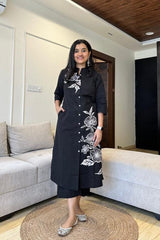 black suit with white embroidary Cotton Co-Ord Set - Vastra Gehna