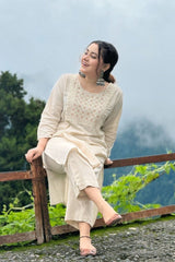 off white floral Embroidered Cotton Co-Ord Set - Vastra Gehna