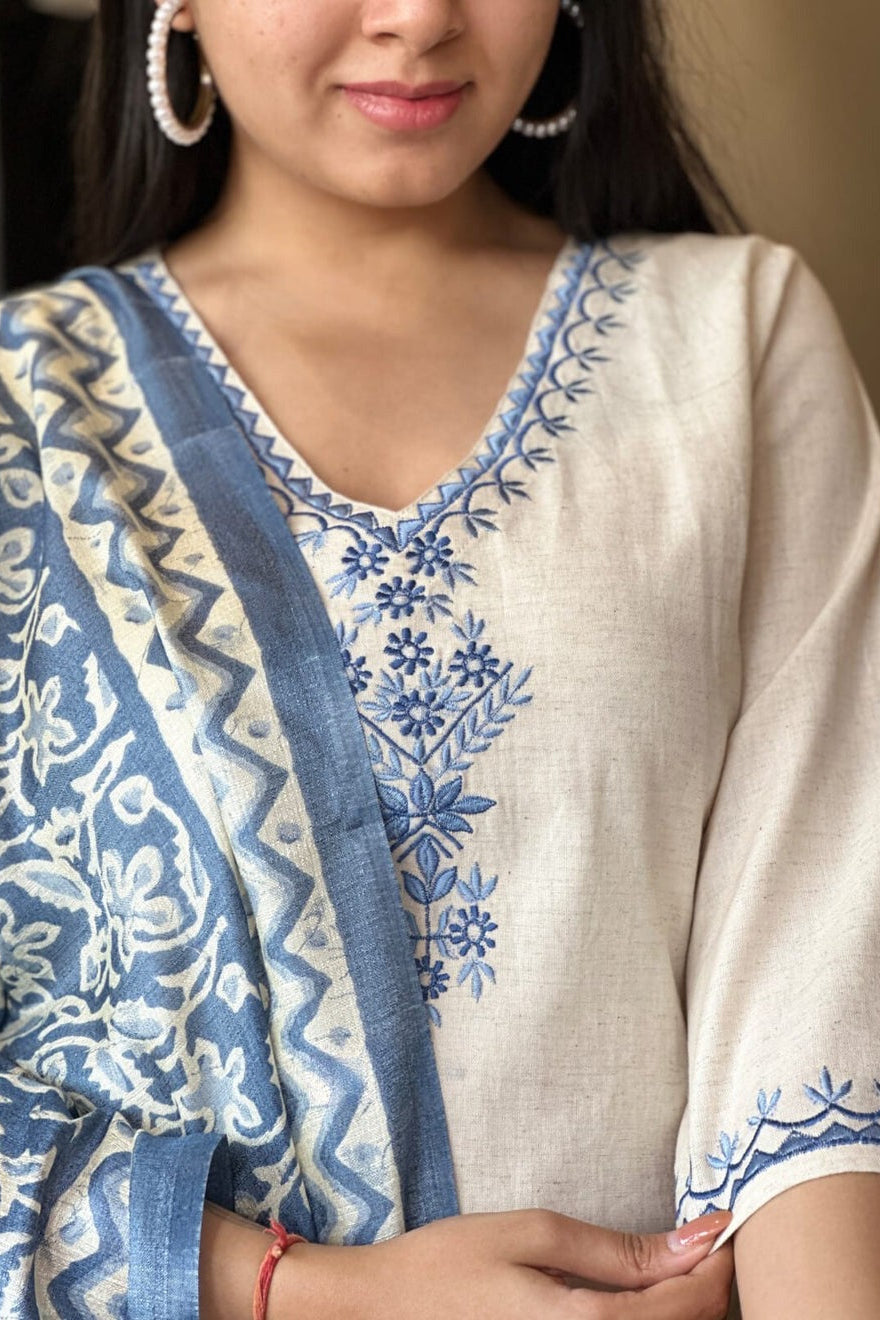 off white blue floral Embroidered Cotton Co-Ord Set - Vastra Gehna