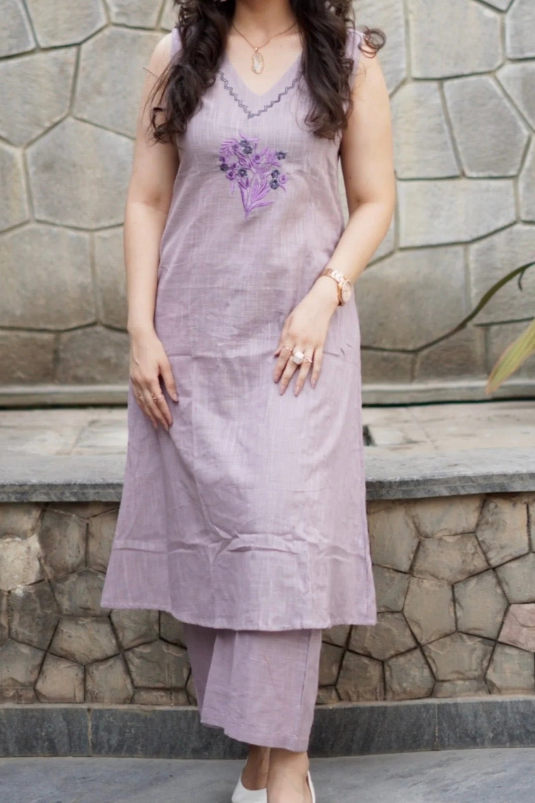 elegant purple suit with floral embroidary on cotton Co-Ord Set - Vastra Gehna