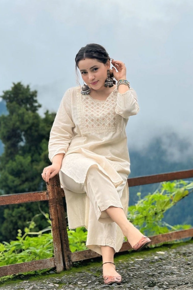 off white floral Embroidered Cotton Co-Ord Set - Vastra Gehna