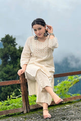 off white floral Embroidered Cotton Co-Ord Set - Vastra Gehna