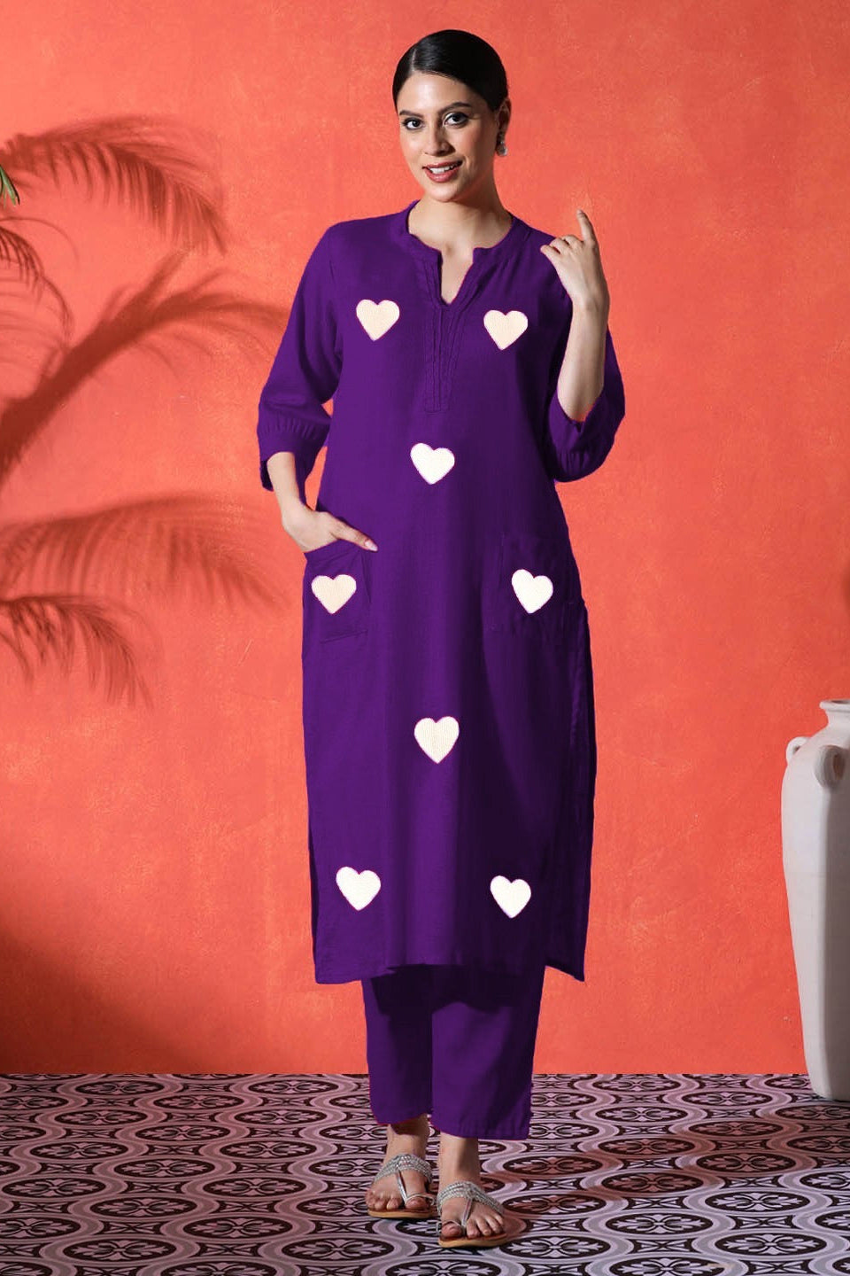 purple suit with white heart print on cotton Co-Ord Set - Vastra Gehna
